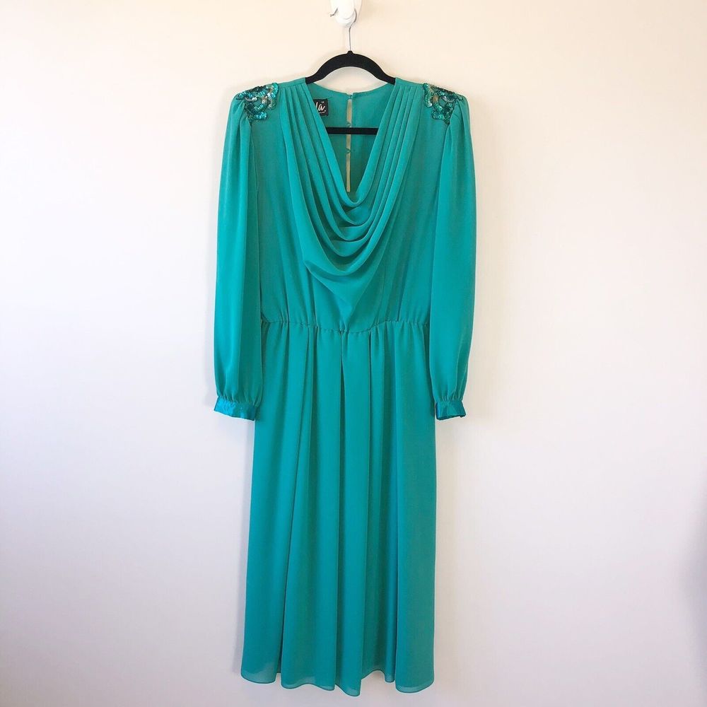 Vintage 1980's Ursula of Switzerland Chiffon Cocktail Dress Aqua Green Size 14